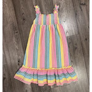 Mini Boden Smocked Linen Blend Dress Rainbow Stripe Pattern Spring Easter 5-6Y